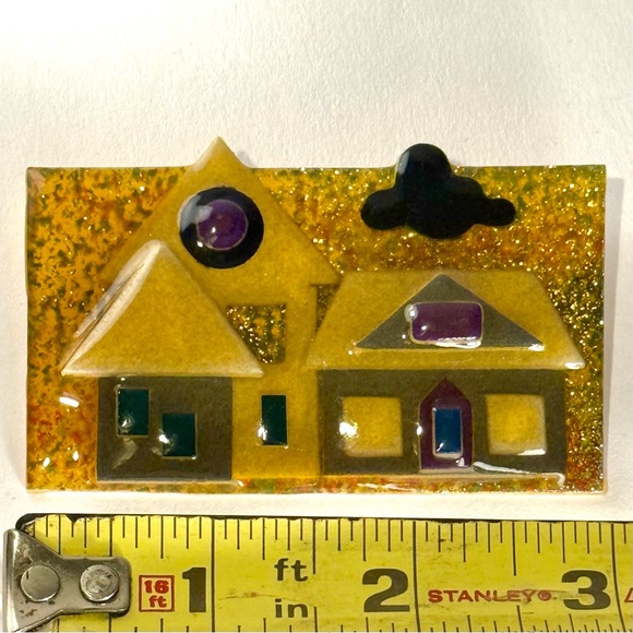 Vintage Lucinda House Pin Large Glitter Resin Houses Brooch Signed - Picture 8 of 9